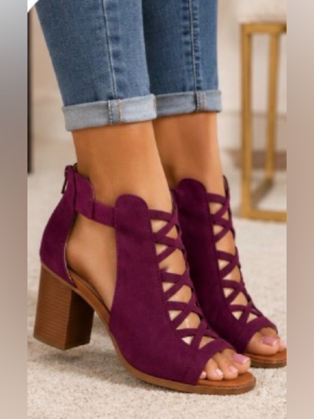Liyuandian Purple Faux Suede Open Toe Block Heel Sandals Lace Up Cut, size 10 - Picture 4 of 8